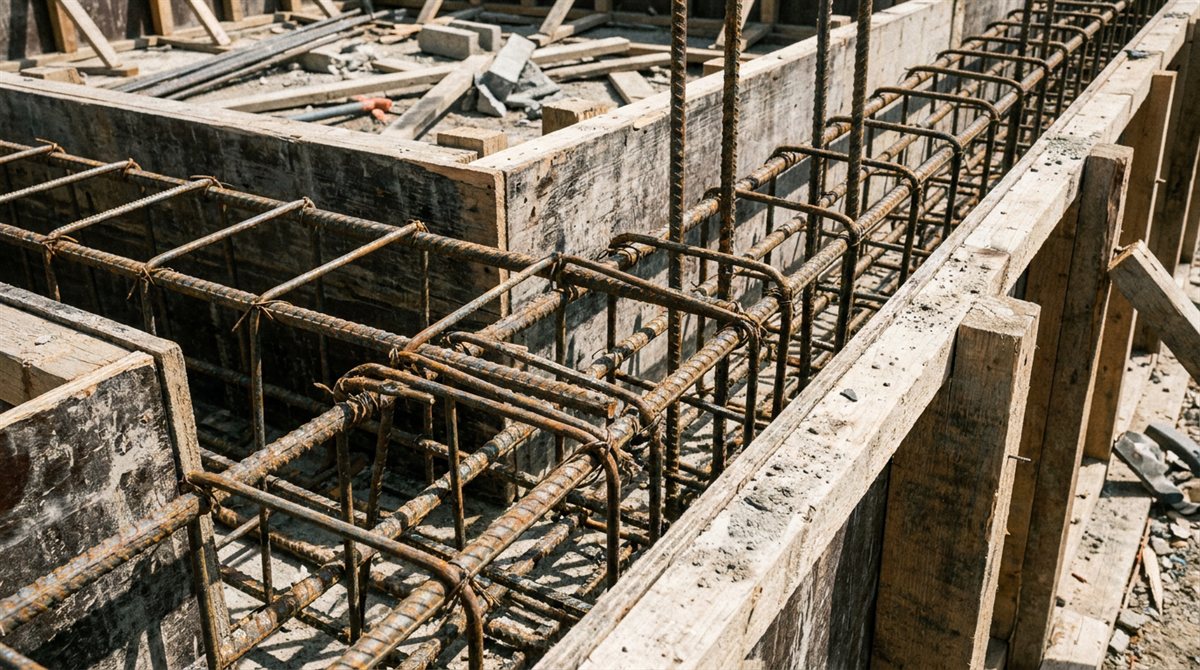 Ferraillage en acier installé dans un coffrage en bois sur un chantier, prêt pour le coulage du béton
