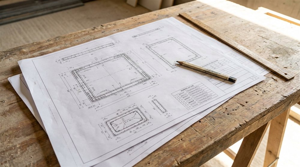 Plans d'exécution de coffrage et d'armatures de béton armé étalés sur une table de chantier avec cotes et détails de ferraillage