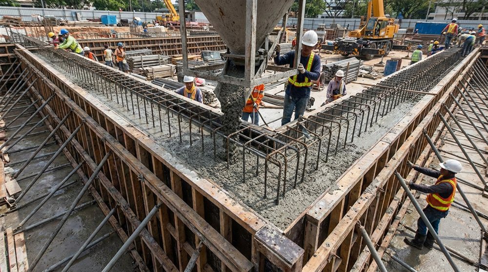 Coulage de béton frais dans le coffrage d'une poutre en béton armé, recouvrant les armatures en acier