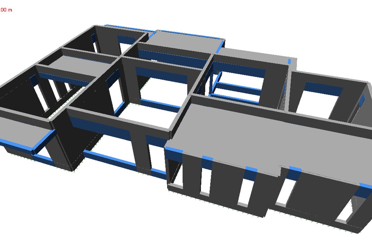 Modèle 3D de la villa : voiles porteurs en béton armé, dalles de toiture-terrasse et poteaux-poutres de reprise à l'aval