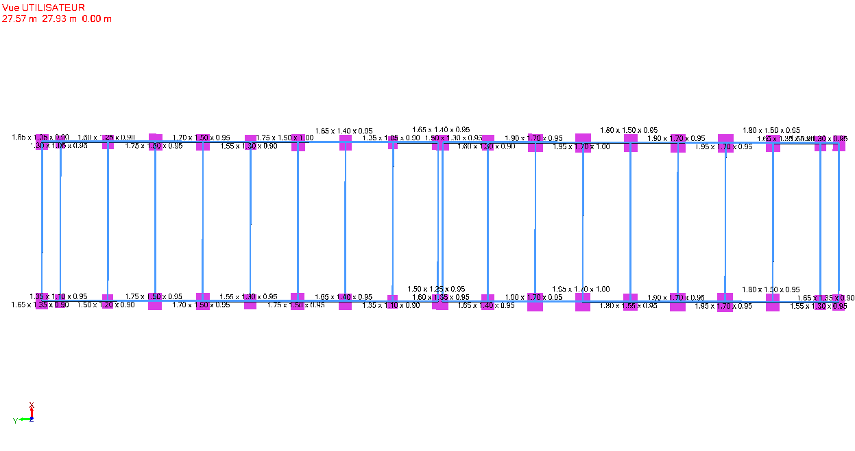 Plan de masse des fondations — semelles isolées (dimensions en m) et longrines de liaison, vue en plan