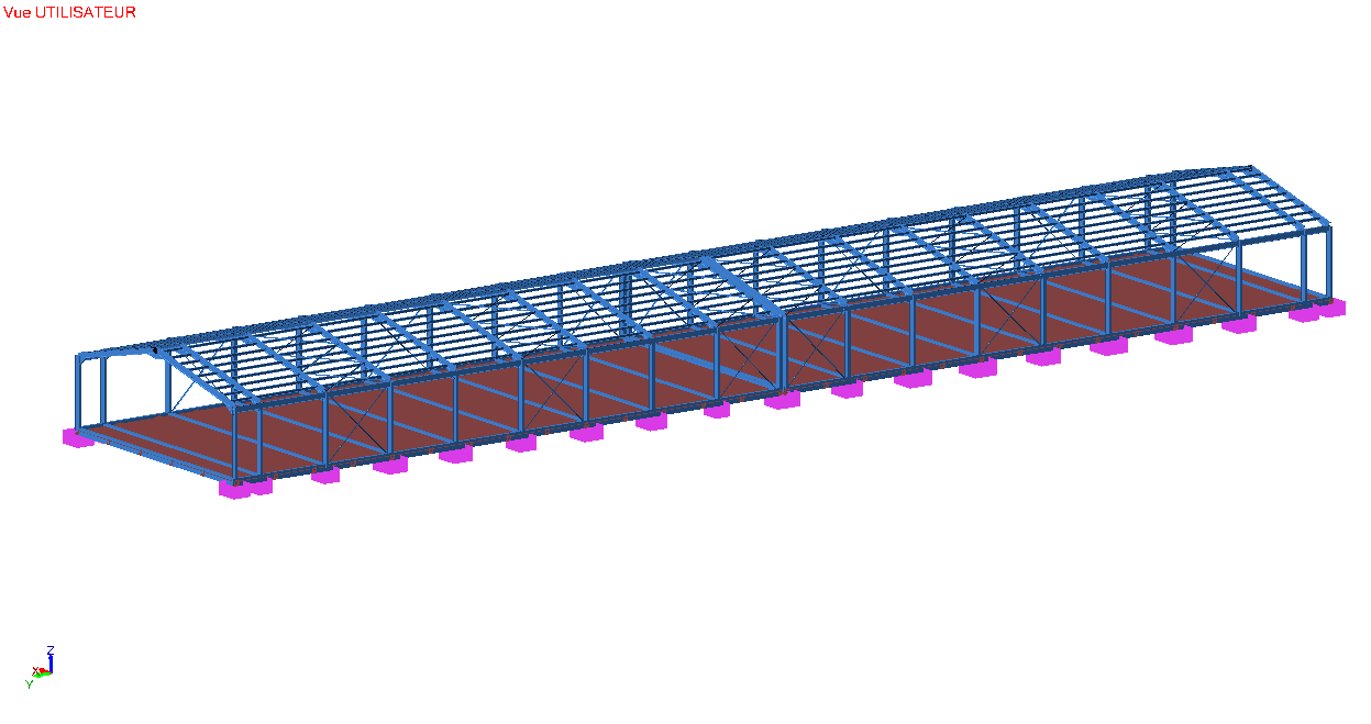 Modèle 3D Advanced Design — charpente métallique, portiques acier, dallage et semelles isolées