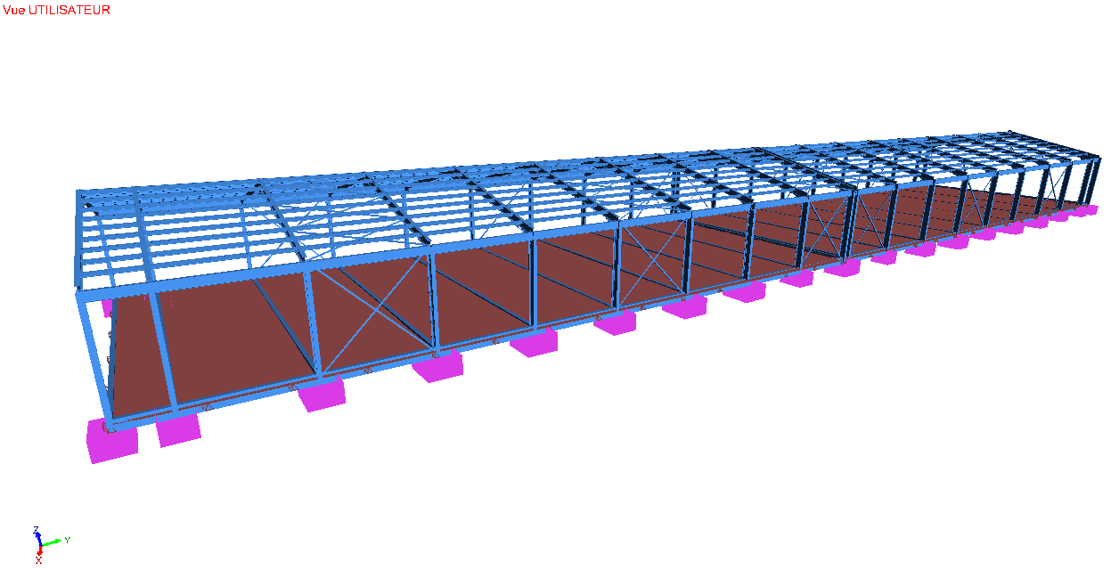 Vue 3D latérale du bâtiment — façades avec contreventements en croix de Saint-André