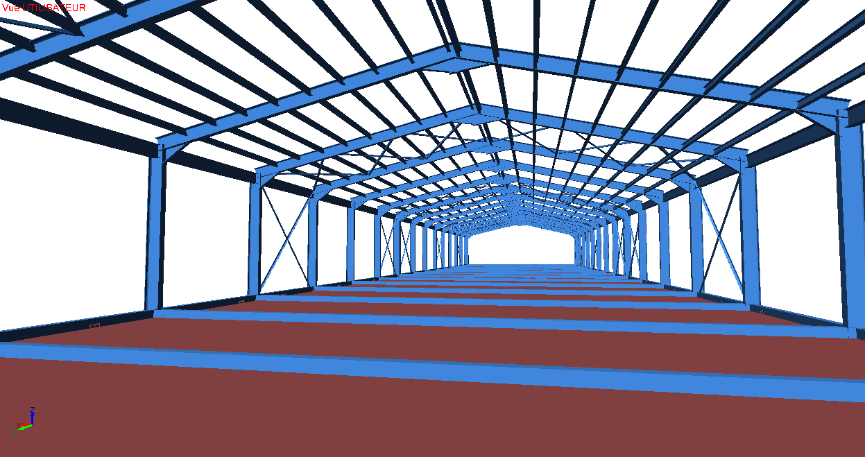 Vue intérieure en perspective — enfilade des portiques acier et dallage béton