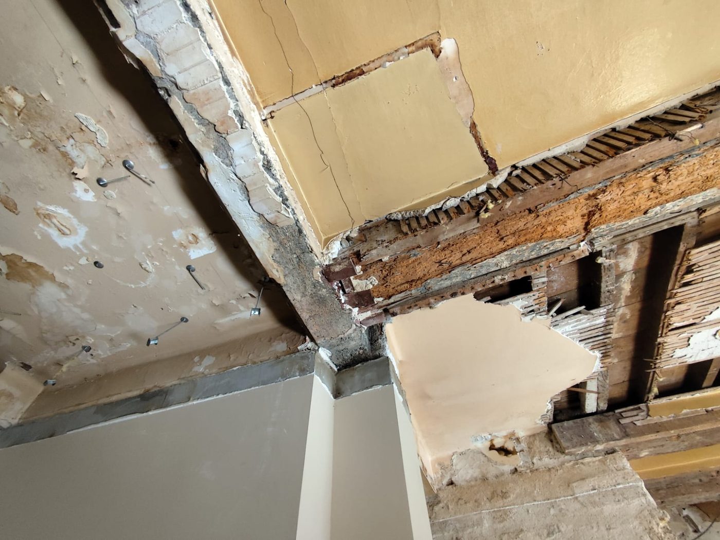 Angle du plafond : about de poutre bois encastré dans la maçonnerie, lattis et plâtre dégradés