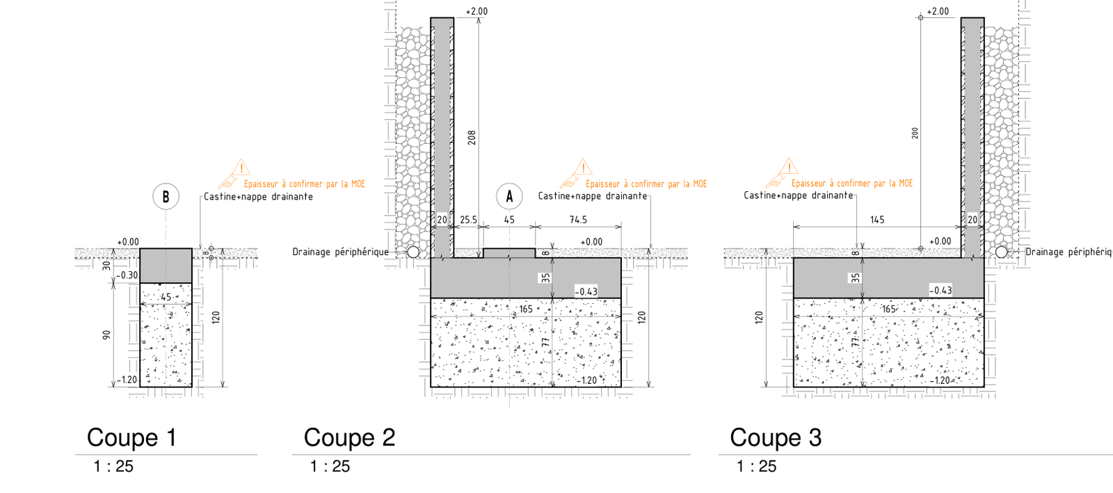 Coupes 1, 2 et 3 des semelles filantes : gros béton de rattrapage jusqu'au sol d'assise, semelle en béton armé, drainage périphérique