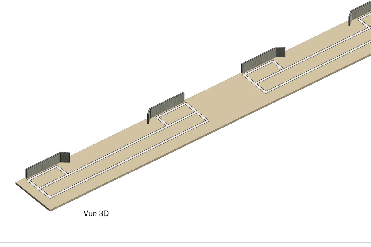 Vue 3D des semelles filantes en ceinture des loges Ouest du Stade de Sapiac, avec les escaliers d'accès