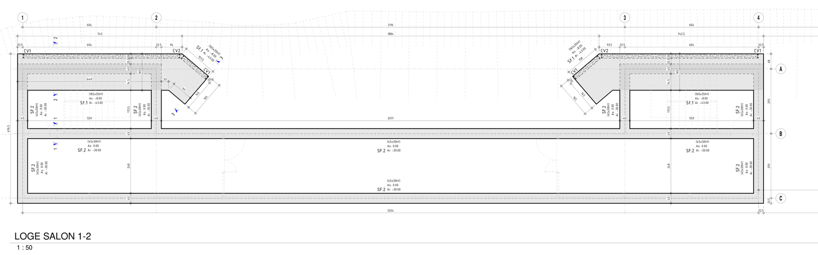 Vue en plan de coffrage des fondations des loges 1 et 2 : semelles SF.1 et SF.2, arase au niveau de pose des modules, éch. 1/50