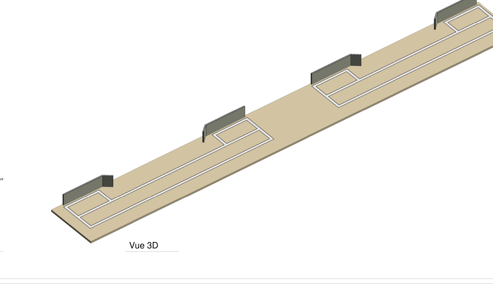 Modèle 3D des fondations : ceinture de semelles filantes sous les deux files d'appuis longitudinales et leurs retours de pignon
