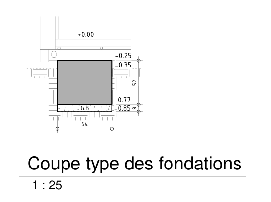 Coupe type d'un massif de fondation : semelle sur béton de propreté, cotes d'arase et d'assise