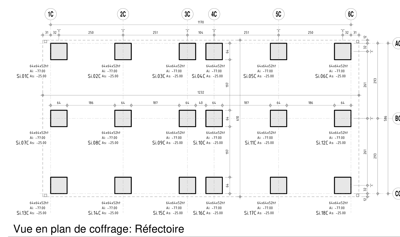 Vue en plan de coffrage des massifs du réfectoire, files 1C à 6C