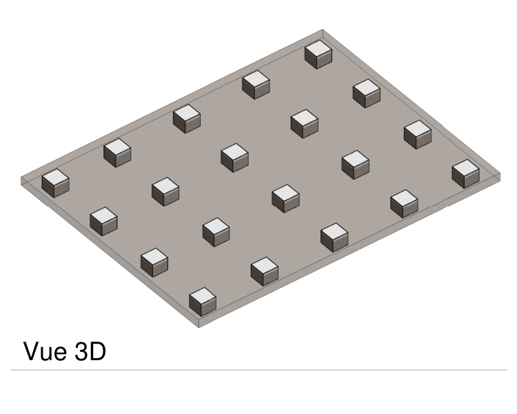 Vue 3D du plan d'exécution : massifs isolés sous les modules de salles de classe