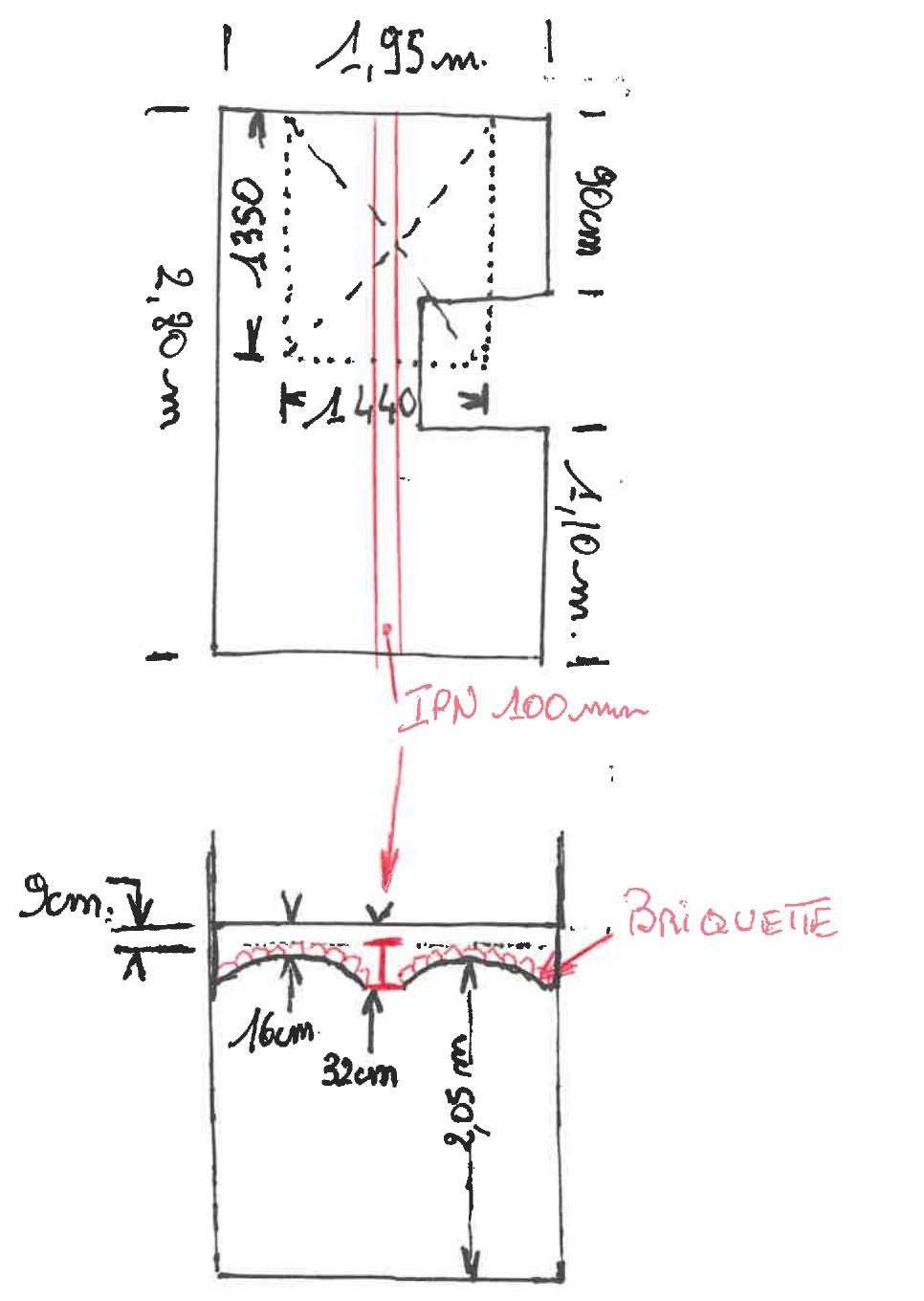 Croquis de relevé : dimensions de la trémie 1,95 × 1,44 m et position de l'IPN 100