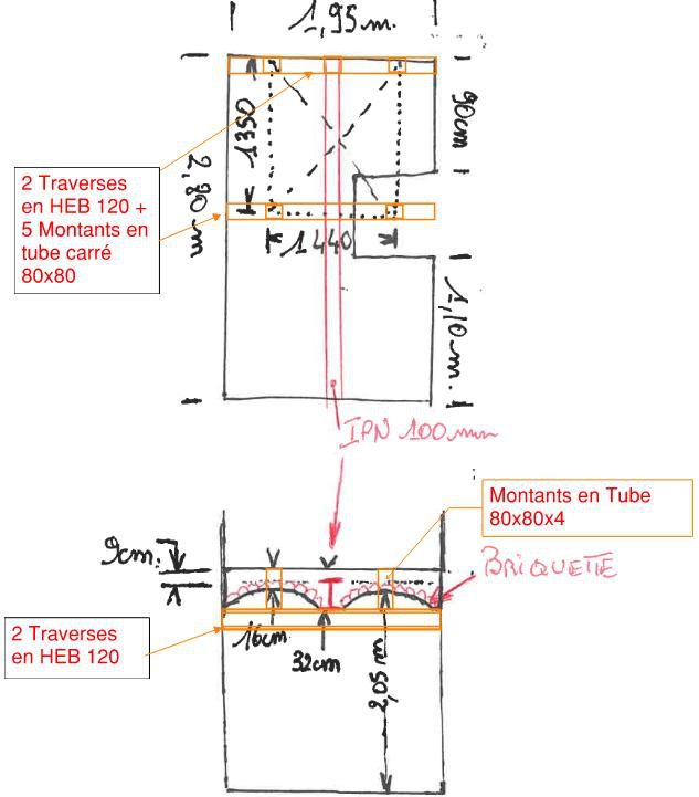 Croquis annoté du renfort : deux traverses HEB 120 et montants en tube carré 80 × 80