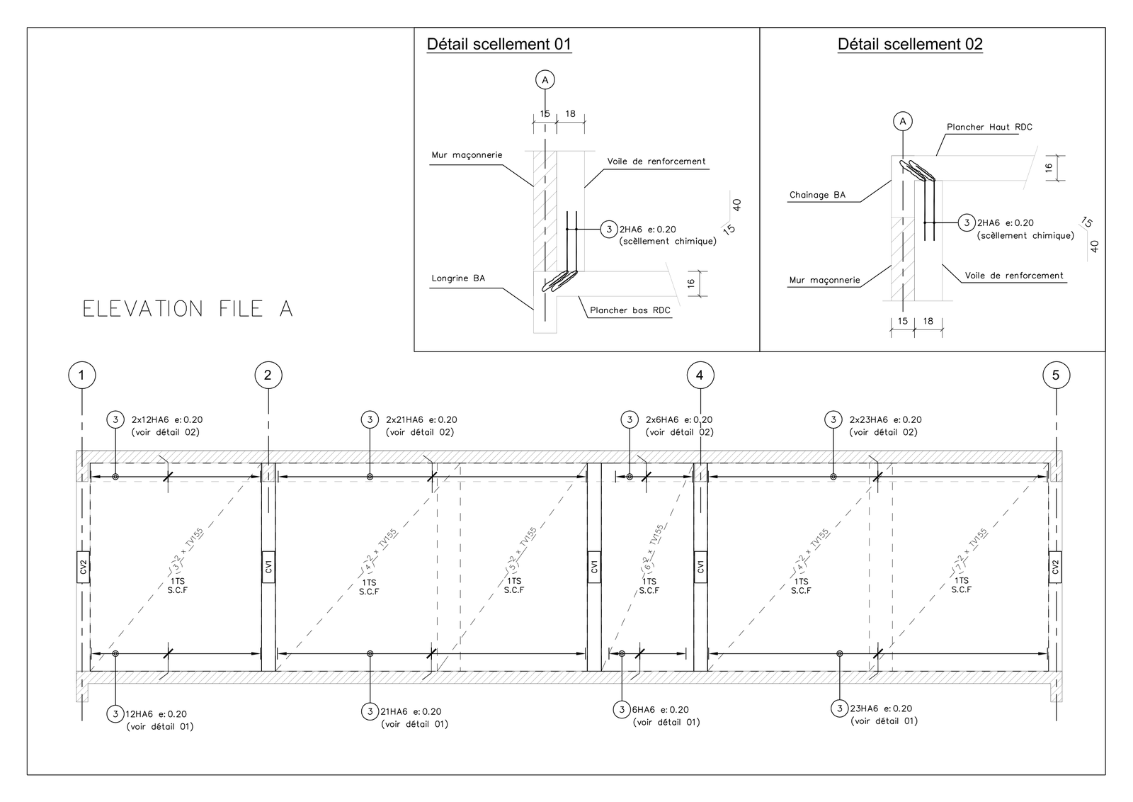 Élévation de la file A : armatures des voiles de renforcement entre les poteaux existants, détails de scellement 01 et 02 dans la longrine et le chaînage