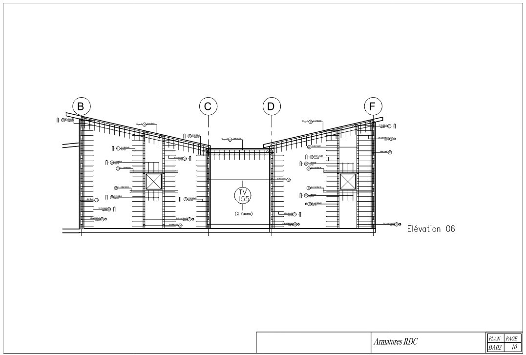 Plan d'armatures des voiles du rez-de-chaussée d'une villa, élévation avec position des barres d'acier