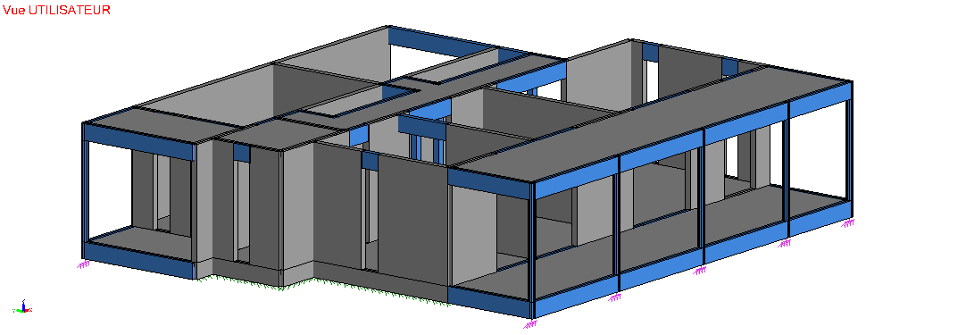 Modèle structurel 3D Advanced Design — Vue RDC sans charpente, chaînages bleus, voiles et semelles