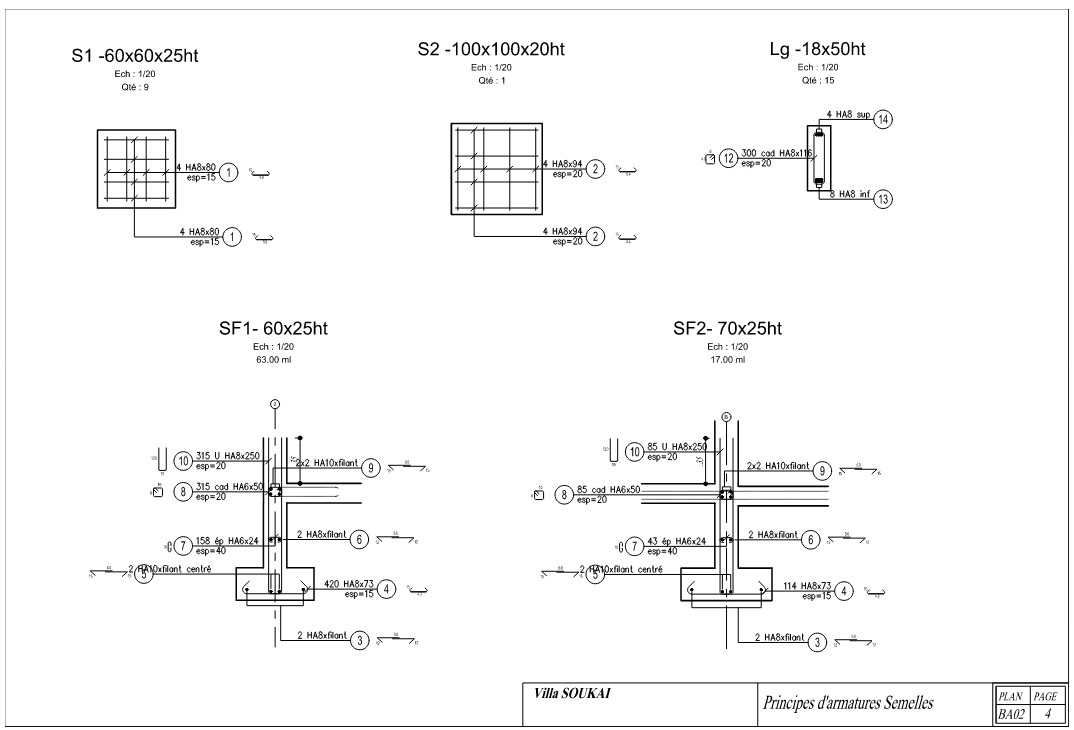 Plan BA02 planche 4 — Principes d'armatures des semelles isolées et filantes