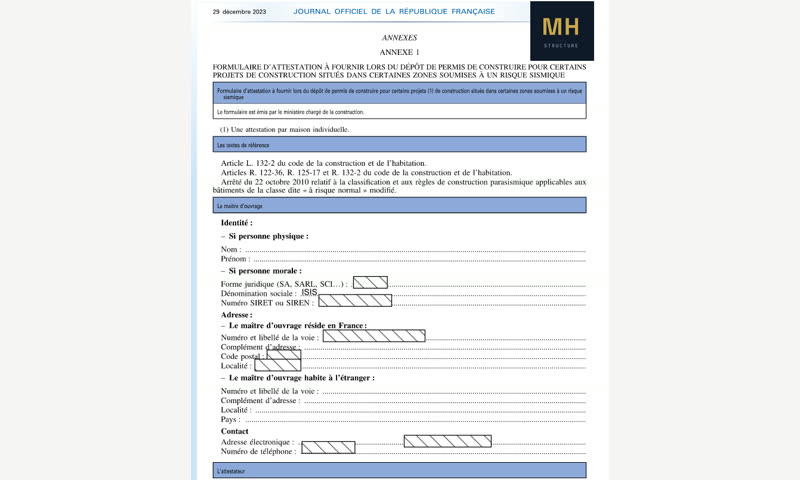 Formulaire officiel d'attestation parasismique pour dépôt de permis de construire
