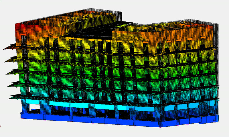 Modèle éléments finis 3D d'un bâtiment avec carte de déplacements sismiques